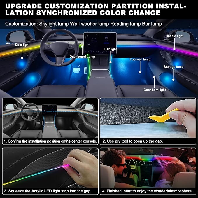 Dreamcolor Acrylic Interior Car LED Strip Light with USB/Type C, RGB 2 in 1 with 110.2 inches LED Strip, Dynamic Chasing Music Sync Neon Ambient Lighting Kits