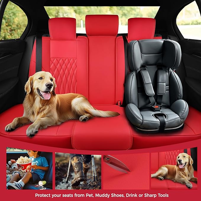 FREESOO Red Car Seat Covers Full Set - Faux Nappa Leather Seat Covers for Cars, Ultra Breathable Waterproof Front Seats Prote
