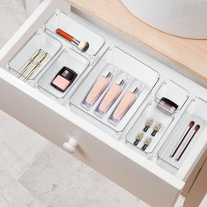 Ravinte 6 Pack Drawer Organizer - 6" X 9" Plastic Storage Bins, Acrylic Organizers with Non-Slip Pads Clear Desk Storage Tray