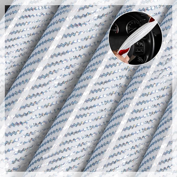 Car Steering Wheel Cover Set Bright Carbon Fiber Wrap Non-Slip 3pcs Steering Wheel Accessories 14.5-15 inch Universal (White)