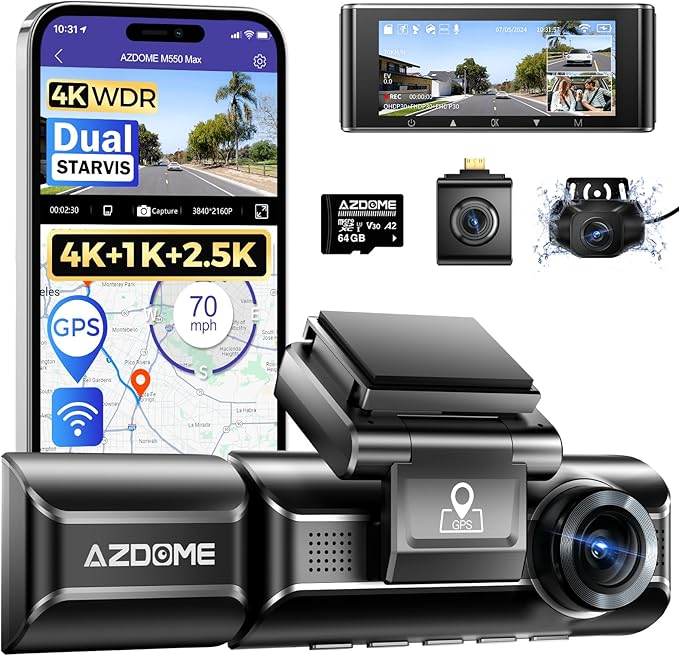 AZDOME M550 Max 4K 3 Channel Dash Cam, Dual STARVIS Sensors, 4K+2.5K+1080P Front and Rear Inside Triple Car Camera, Built-in 