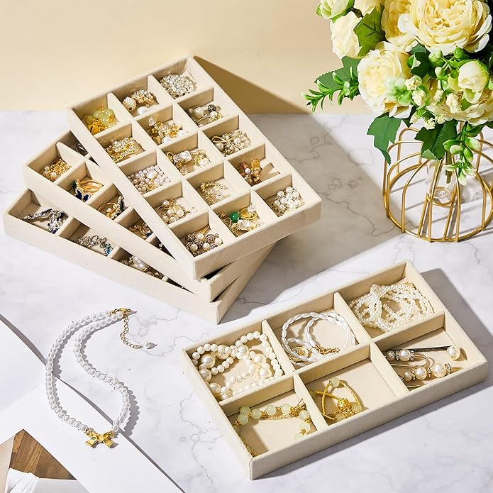 Junkin 12 Pcs Jewelry Tray Velvet Stackable Jewelry Organizer Trays Divided Earring Accessories Storage Containers Box (Rose 