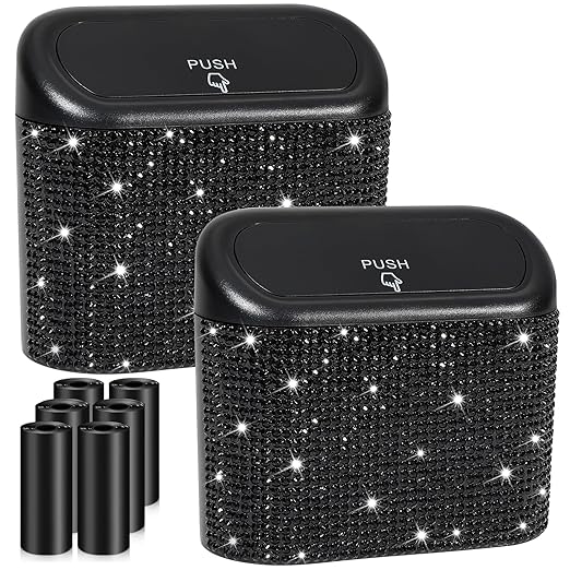 Accmor 2 Pack Bling Car Trash Can with Lid, Small Garbage Can, Auto Garbage Storage Bin with 90pcs Garbage Bags, Sparkling Crystal Trash Bags Holder for Car, Home, Office Storage (Black Rhinestone)