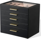 pickpiff Jewelry Box Organizer Case for Women: 5-Layer Jewelry Storage Case with Glass Window, Black Leather with Blush Velve