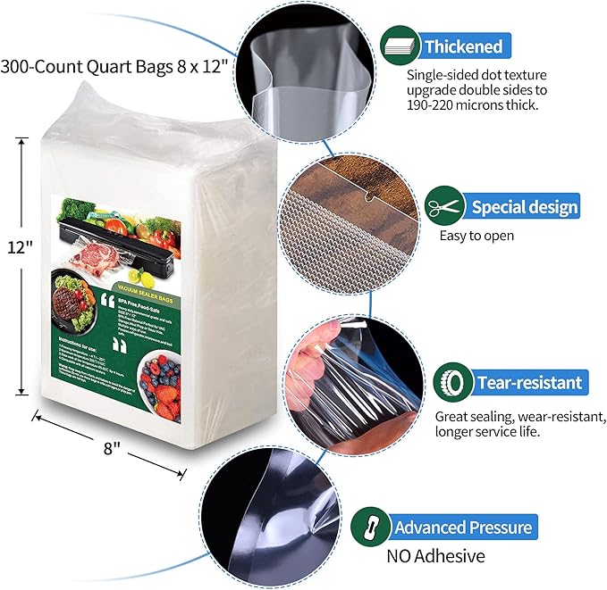 AENTGIU 300-Count Food Vacuum Sealer Bags 8 x 12 inch, Thick BPA-Free Sous Vide Bags Compatible with Most Vac Machines, Food 