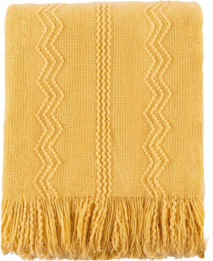 BATTILO HOME Mustard Throw Blanket with Fringe Geometric Bed Yellow Throws Summer Breathable Decorative Large Throw for Couch