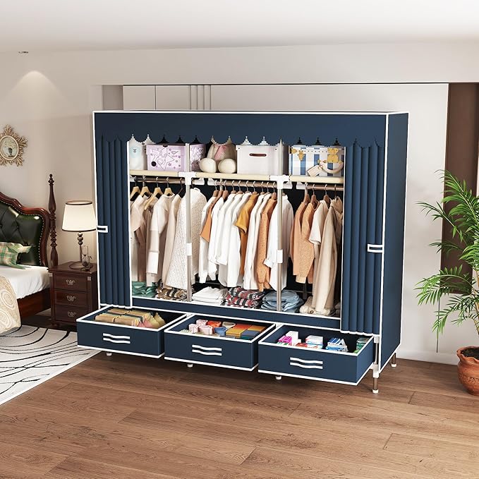 Portable Wardrobe Closet Durable and Easy to Assemble Heavy Duty Clothes Rack with Non-Woven Cover Fabric Best for Bedroom an