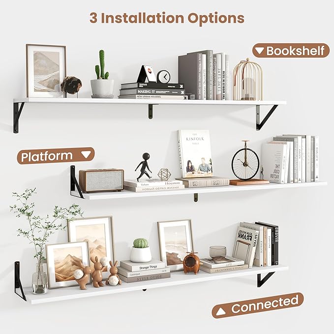 Axeman 48 Inch Floating Shelves | 8 Inch Deep White Wall Shelves Set of 2 | 47.3" W x 8" D Rustic White Wood Shelves for Bath