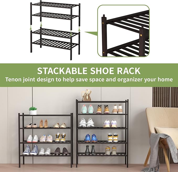 ROMGUAR CRAFT 4 Tier Bamboo Shoe Rack for Closet Free Standing Wood Shoe Shelf for Entryway Small Space Stackable 27"x11"x26"