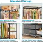 Ulif F3R Heavy Duty Clothes Rack（With Lockable Wheels）Freestanding Clothing Racks for Hanging Clothes，Adjustable Closet Organ