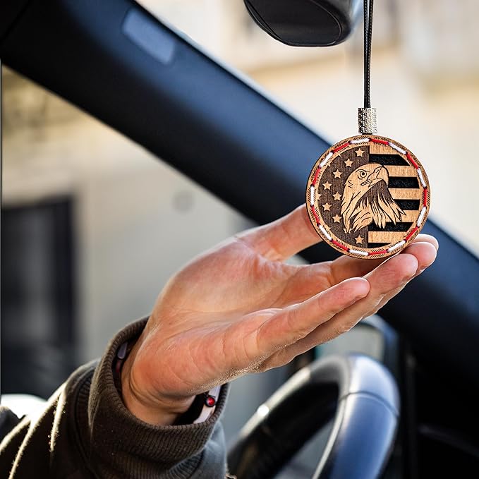 Handmade Wood Car Air Freshener — American Flag Design - Unscented Hanging Diffuser — Refillable Essential Oil Diffuser for C