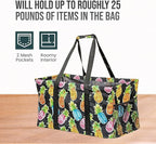 Extra Large Utility Tote Bag - Oversized Collapsible Reusable Wire Frame Rectangular Canvas Basket With Two Exterior Pockets For Beach, Pool, Laundry, Car Trunk, Storage - Pineapple