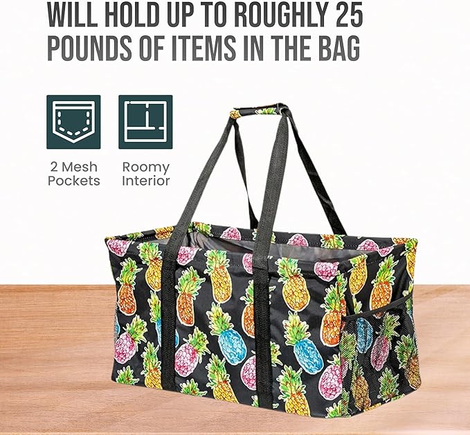 Extra Large Utility Tote Bag - Oversized Collapsible Reusable Wire Frame Rectangular Canvas Basket With Two Exterior Pockets For Beach, Pool, Laundry, Car Trunk, Storage - Pineapple