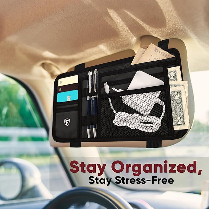 Firestone Car Sun Visor Organizer | 8 Compartment Visor Organizer for Car and Truck with Sunglasses, License, Registration Holder and Slots, Black