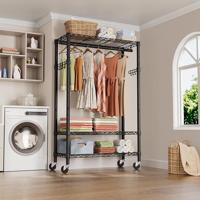 Heavy Duty Clothes Rack Rolling Garment Rack,3 Tier Adjustable Wire Shelving Clothing Racks for Hanging Clothes with Hanger R