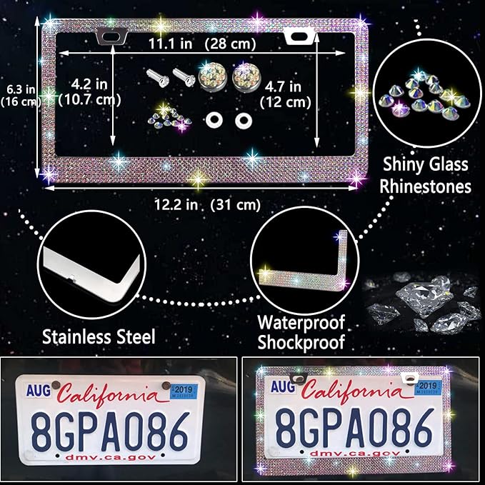 NBTEPEM 27 PCs Multicolor Bling Car Accessories Set for Women, Steering Wheel Covers Universal Fit 15 Inch, Bling License Plate Frame, Bling Phone Holder, Bling Car Coasters