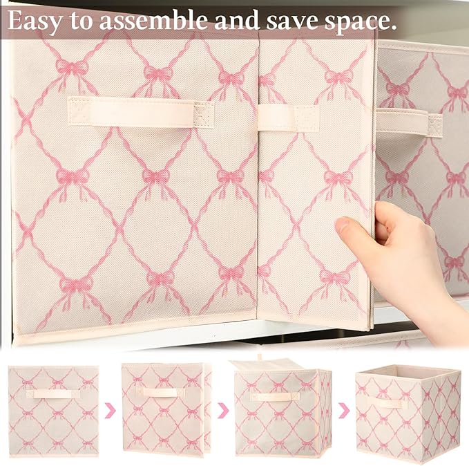 Geelin 6 Pcs Beige Bow Cube Storage Bins 13 Inch Storage Basket with Handle, Girls Organizer Basket, Collapsible Fabric Box f