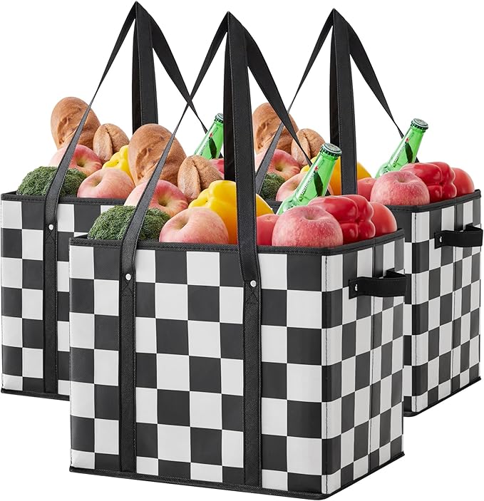 Checkered Reusable Grocery Bags Heavy Duty 3 Pack Foldable Shopping Bags with Handles for Groceries Collapsible Tote