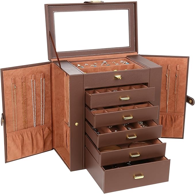 Kendal Extra Large Jewelry Box Jewelry Case PU Leather 6 Tier 5 Drawers Large Storage Capacity with Mirror Jewelry Storage Or
