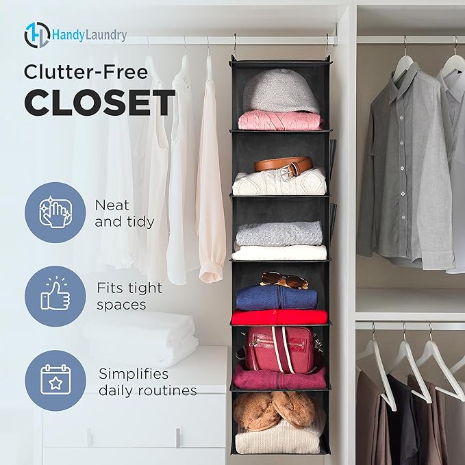 Handy Laundry Hanging Closet Organizer - 6 Shelf Storage for Clothes, Sweaters, Shoes & Accessories - Space-Saving Wardrobe S