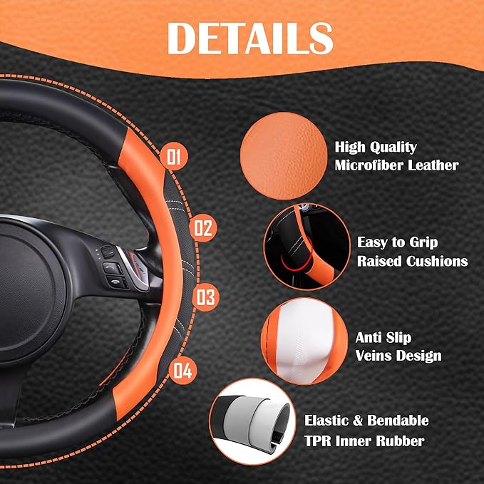 CAR PASS Line Rider Microfiber Leather Sporty Steering Wheel Cover Universal Fits for 95% Truck,SUV,Cars,14.5-15inch Anti-Sli