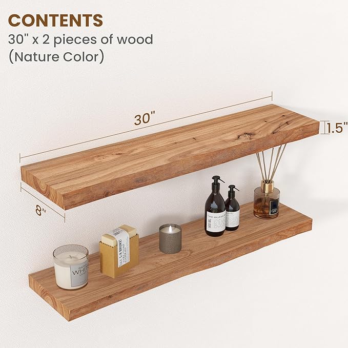 Floating Shelves for Wall Decor, Rustic Solid Elm Wood Live Edge Floating Shelves Wall Mounted, Wall Shelves with Invisible B