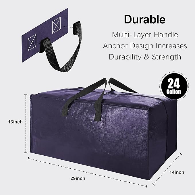VELVETSURE Heavy Duty Extra Large Moving Bags W/Backpack Straps - Strong Handles & Zippers, Storage Totes For Space Saving, F