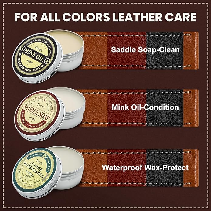 10Pcs Leather Care Kit- 3Pcs Horsehair Brushes, 1.76oz Saddle Soap, 1.76oz Mink Oil and Wax Waterproofer