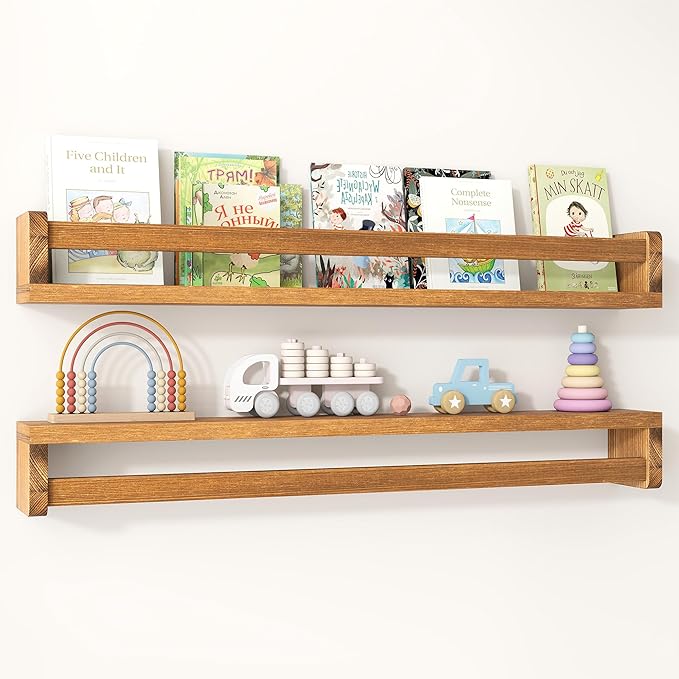 Fun Memories Nursery Book Shelves Set of 2, 32 Inch Solid Wood Wall Book Shelves, Kids Room Floating Shelves Organizer & Toy 