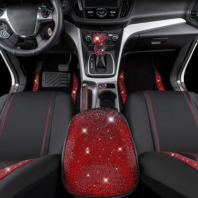 CAR PASS Rhinestone Red Bling Diamond Car Seat Covers Leather Black & Shining Car Floor mats Carpet with Anti-Slip Nibs& Blin