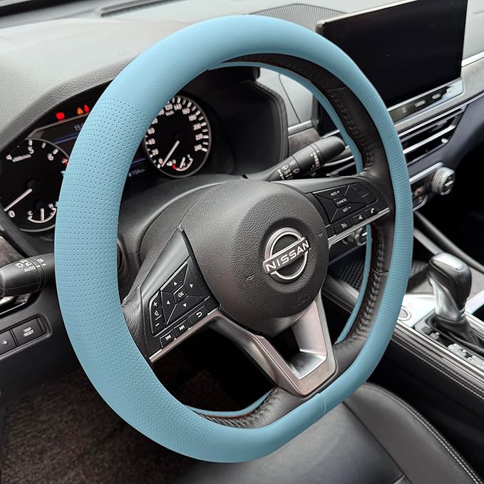 PINCTROT D Shaped Nappa Leather Steering Wheel Cover, Slim Fit No Bulk Design, One Piece Leather with Breathable Perforation,