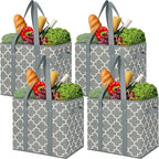 WISELIFE Reusable Grocery Bags 4-Pack Foldable Washable Storage Bins Basket Water Resistant Shopping Utility Tote Bag Grey