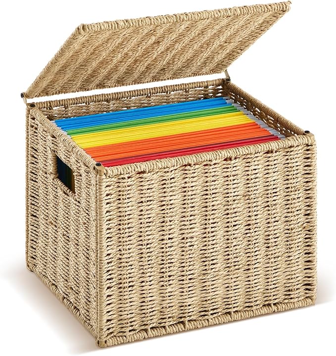 Jingmore 1 Pack Paper Rope File Box Organizers Collapsible Letter Size Filing Cabinet with Lid Woven Hanging File Basket Port