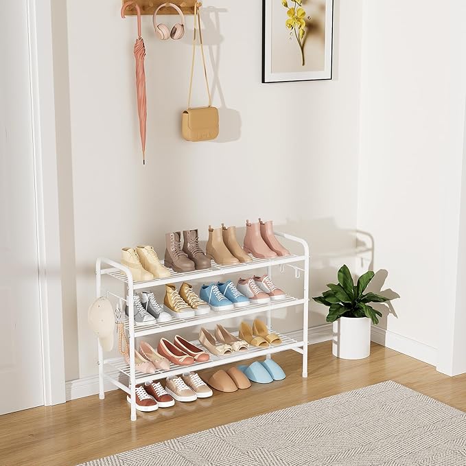 VILICK 3 Tier Shoe Rack 33" Wide Metal Shoe Organizer Long Shoe Storage with 4 Side Hooks Sturdy Shoes Shelf for Front Door E