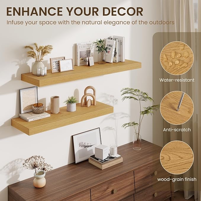 Fun Memories 12 Inch Deep Floating Shelves for Wall, 30 Inch Long Floating Shelf, 30 x 12 Shelf for Wall, Rustic Wood Bookshe