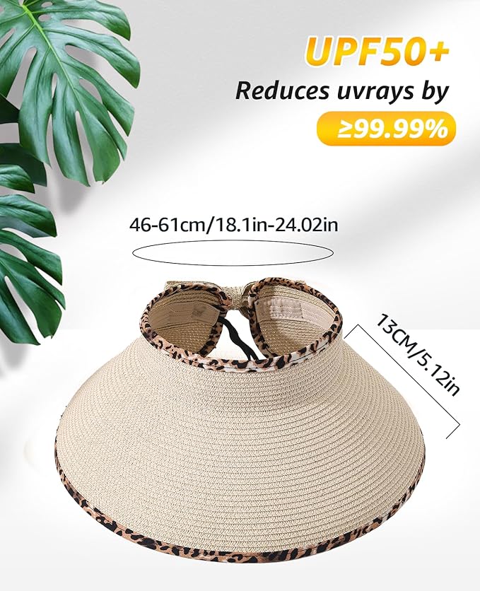 Sun Visor Hat for Women, Wide Brim Straw Summer UV Protection Hat, Foldable Roll-up Packable Beach Cap