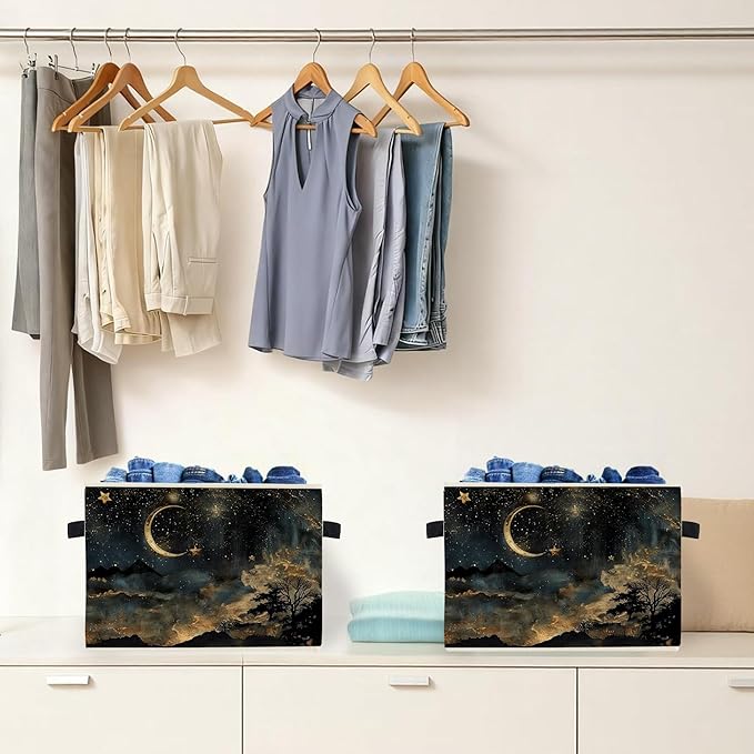 Mystical Crescent Moon Star Celestial Storage Box Bins, Moody Starry Night Sky Collapsible Storage Basket Organizer for Bedro
