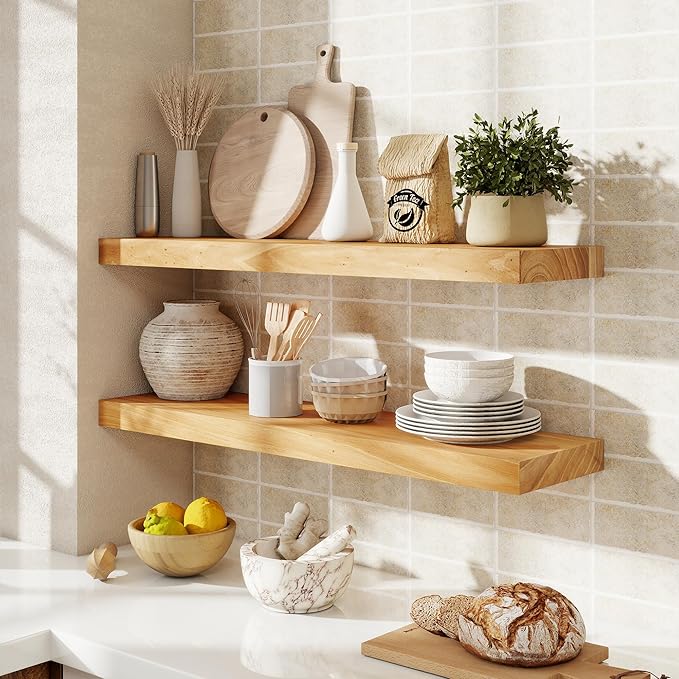 fuqing Floating Shelves for Wall, 30 inch Rustic Solid Elm Wood Floating Shelves, Wooden Wall Shelves with Invisible Heavy Du