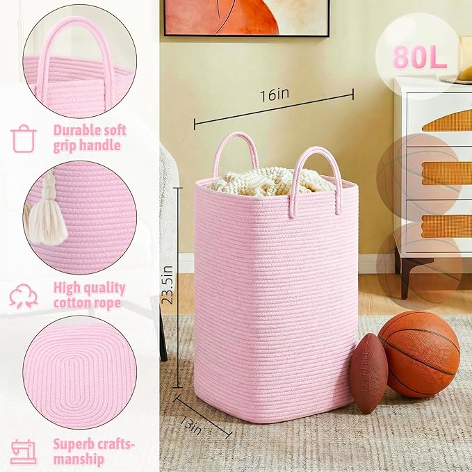 Artfeel Laundry Basket,Woven Cotton Rope Laundry Hamper,80L Versatile Storage for Dirty Clothes,Baby Toys,and Blankets in Bat