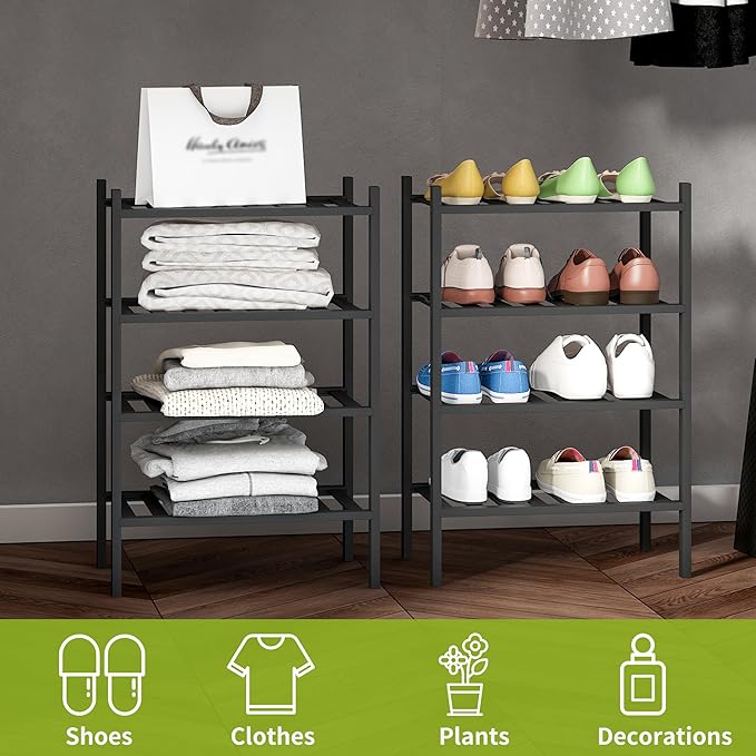 BMOSU 4-Tier Bamboo Small Shoe Rack Premium Stackable Shoe Shelf Storage Organizer for Hallway Closet Living Room Entryway Or