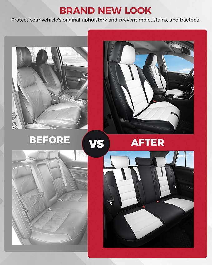 FREESOO Black White Car Seat Covers Full Set - Faux Nappa Leather Seat Covers for Cars, with Front Seatbelt Pads, Cute Breath