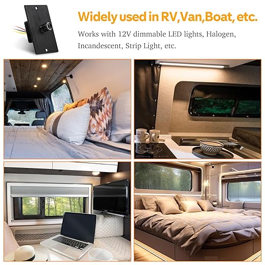 12 Volt PWM LED Dimmer Switch 15A 180W, Push On/Off, Rotary Knob Dimming,12V/24V Light Dimmer for RV Boat Truck Camper Van Trailer Light Fixture, LED Strip Lights (High Side, Black Panel)