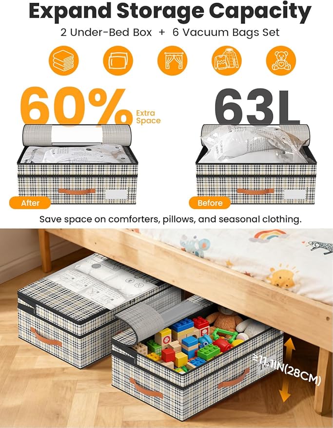 2-Pack Under Bed Storage with Wheels and 6 Vacuum Seal Bags, Adjustable Height 7.9"-10.2",Heavy Duty Capacity, Clear Lid Orga
