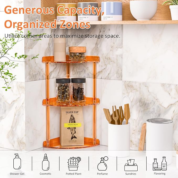 Sezanrpt 3 Tier Countertop Corner Organizer Shelf 7x7x15.7 Inch, Orange Countertop Acrylic Bathroom Corner Shelf, Vanity Stor