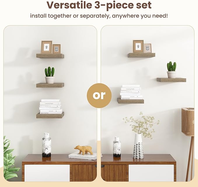 Fun Memories Floating Shelves for Wall - 12 Inch Square Shelves with Invisible Brackets, Small Wall Shelf for Living Room, Ba
