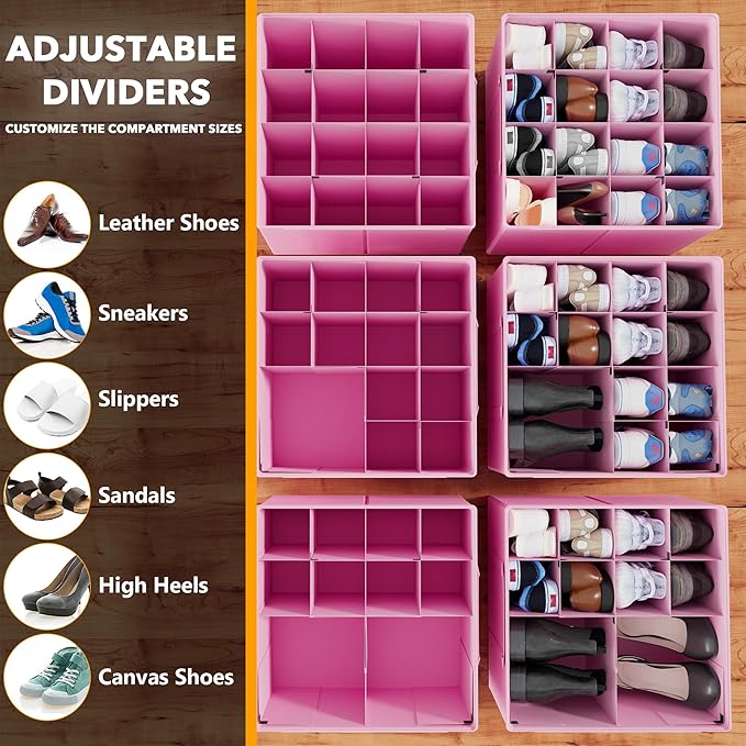 SpaceAid Shoe Organizer for Closet, 2 Pack Foldable Shoe Storage Containers Baskets Boxes Bins w/Adjustable Dividers, Fits 16