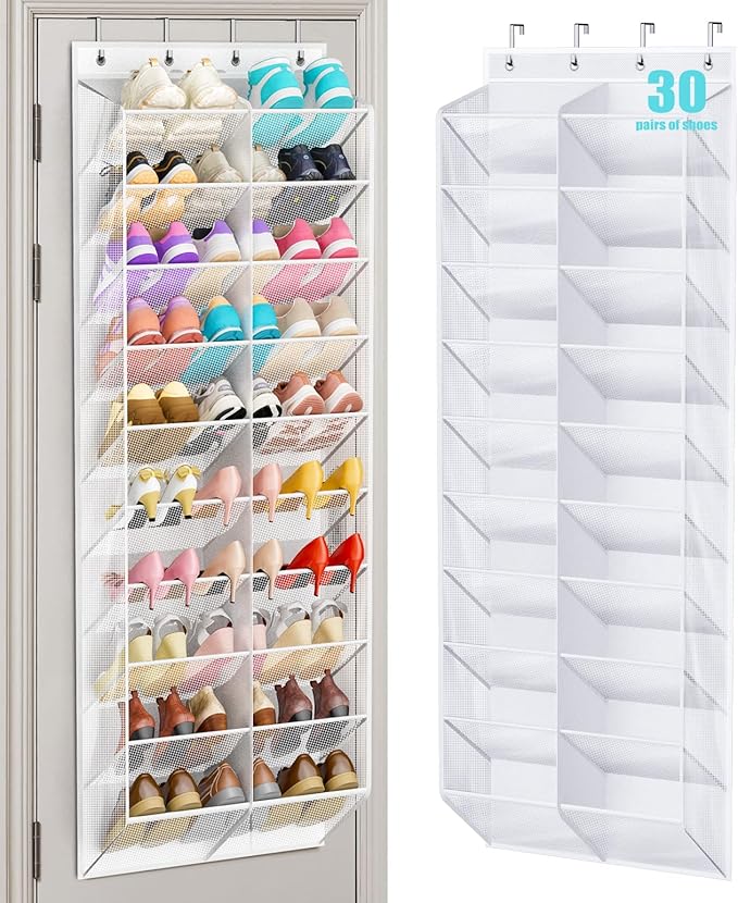 MISSLO 30 Pairs Over the Door Shoe Organizer Breathable Mesh Hanging Shoe Rack for Closet Storage with Wide Deep Pockets 10 T