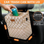 Car Trash Can Bin with Lid Hanging for Back Seat, Car Accessories for Women Men Leak Proof Automotive Garbage Cans Leakproof Vehicle Trash Can for Truck SUV,Khaki Checkered