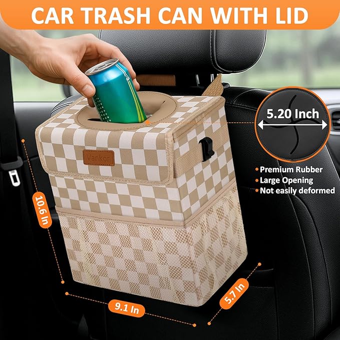 Car Trash Can Bin with Lid Hanging for Back Seat, Car Accessories for Women Men Leak Proof Automotive Garbage Cans Leakproof Vehicle Trash Can for Truck SUV,Khaki Checkered