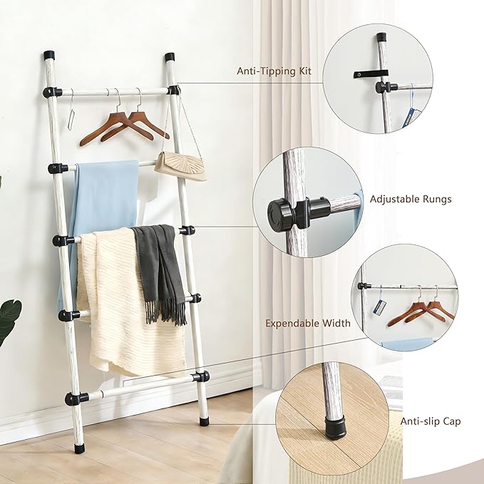 SIBRAD Expandable Blanket Ladder for Living Room, Adjustable Width (17.3"-32.3") Tall Metal Quilt Rack Wall Leaning, Rustic W